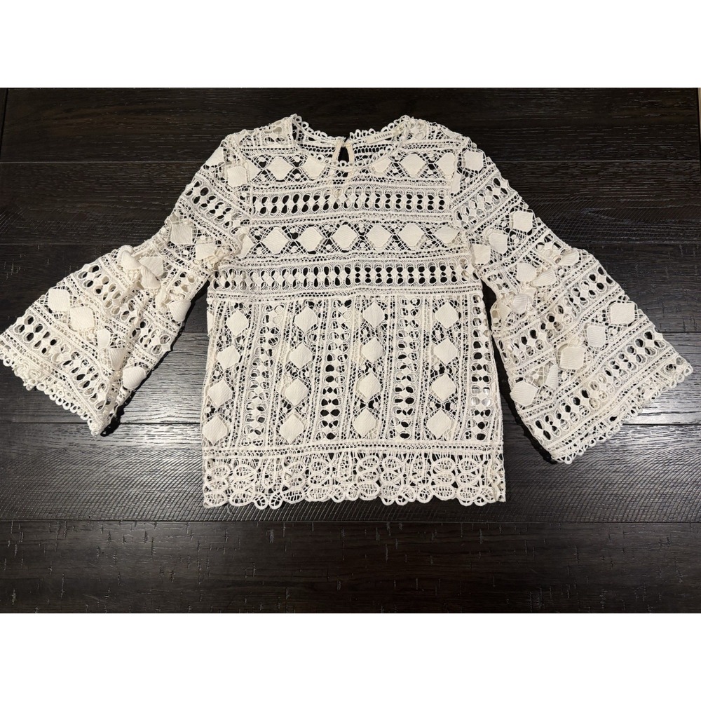 Ellison Y2K Top Women S White Crochet Open Knit Blouse Bell Sleeve Boho Festival